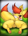  2017 3_toes absurd_res anus barefoot big_butt black_nose blush butt butt_focus canine claws clitoris digital_media_(artwork) e-01 eyebrows eyelashes feet female fennekin fur grass hi_res looking_at_viewer looking_back mammal nintendo nude open_mouth orange_fur ourside pawpads paws pok&eacute;mon presenting pussy raised_tail rear_view red_eyes red_fur simple_background sky solo teeth toe_claws toes video_games white_fur yellow_fur 