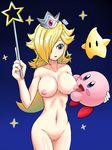  1girl areolae artist_request blonde_hair blue_eyes blush_stickers breasts collarbone crown earrings hair_over_one_eye kirby luma navel nintendo nipples nude open_mouth pussy rosetta_(mario) super_mario_galaxy super_mario_world uncensored wand 