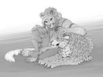  anthro armor charr claws clothing dagos duo fangs feline female flat_chested fluffy fluffy_tail fur furries_with_pets guild_wars hand_on_head hi_res horn leopard mammal mane multi_ear pet sitting snow_leopard video_games 