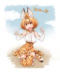  animal_ears blonde_hair bow bowtie breasts cross-laced_clothes elbow_gloves fangs gloves high-waist_skirt highres kemono_friends looking_at_viewer medium_breasts meri_(artist) orange_eyes serval_(kemono_friends) serval_ears serval_print serval_tail shirt short_hair skirt sleeveless sleeveless_shirt solo striped_tail surprised tail 