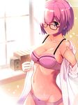  bare_shoulders book bow bow_panties bra closed_mouth collarbone cowboy_shot day fate/grand_order fate_(series) glasses groin hair_over_one_eye highres indoors long_sleeves looking_at_viewer mash_kyrielight midriff navel off_shoulder panties purple_bow purple_bra purple_eyes purple_hair purple_panties red-framed_eyewear shirt solo standing stomach tomitayaki underwear undressing white_shirt window 