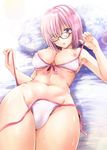  adapted_costume bikini black-framed_eyewear blush breasts fate/grand_order fate_(series) front-tie_bikini front-tie_top glasses highres large_breasts looking_at_viewer lying mash_kyrielight navel nipples on_back pillow pink_hair purple_eyes shiroi_noria short_hair side-tie_bikini solo stomach swimsuit swimsuit_of_perpetual_summer untied untied_bikini wet white_bikini 