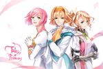  3girls alisha_diphda armor blue_eyes breasts brown_hair dress estellise_sidos_heurassein gloves green_eyes hair_ornament hairband jacket long_hair multiple_girls natalia_luzu_kimlasca_lanvaldear open_mouth pink_hair ribbon scarf short_hair side_ponytail smile tales_of_(series) tales_of_the_abyss tales_of_vesperia tales_of_zestiria 