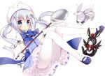  animal animal_on_head blue_bow blue_dress blue_eyes blue_footwear blue_neckwear blush bow bowtie bunny bunny_on_head dress eyebrows_visible_through_hair full_body gloves gochuumon_wa_usagi_desu_ka? hair_ornament holding holding_spoon hoshi_(snacherubi) kafuu_chino layered_dress long_hair looking_at_viewer magical_girl mary_janes on_head pantyhose parted_lips petticoat shoes short_dress short_sleeves silver_hair simple_background solo spoon tippy_(gochiusa) twintails white_background white_gloves white_legwear wild_geese 