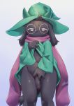  2019 4_fingers anthro bedroom_eyes black_fur blush bottomless bovid caprine clothed clothing clothing_lift cub deltarune eyewear fur glasses goat half-closed_eyes half-erect hat head_tuft long_ears looking_at_viewer male mammal penis portrait ralsei robe scarf seductive simple_background solo standing su1ka sweat sweatdrop uncut video_games wizard_hat young 