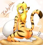  2013 anthro bed big_breasts blonde_hair breasts brown_nose felid female fur green_eyes hair hi_res huge_breasts hyper hyper_breasts leonkatlovre long_hair mammal nightgown orange_fur pantherine sitting solo stripes tabytha thick_thighs tiger 