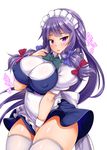  alternate_costume apron belly blue_bow bow bowtie breasts commentary covered_nipples covering covering_crotch cowboy_shot ebi_193 enmaided green_bow green_neckwear hair_bow large_breasts long_hair looking_at_viewer maid maid_headdress patchouli_knowledge plump puffy_short_sleeves puffy_sleeves purple_eyes purple_hair red_bow short_sleeves simple_background solo thighhighs touhou very_long_hair waist_apron white_background white_legwear wing_collar wrist_cuffs 