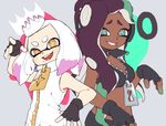  2girls :d bare_shoulders breasts cephalopod_eyes cleavage crop_top crown dark_skin domino_mask fangs fingerless_gloves gloves gomi_(kaiwaresan44) green_eyes headphones hime_(splatoon) iida_(splatoon) looking_at_viewer mask midriff mole mole_under_mouth multiple_girls navel navel_piercing open_mouth piercing pink_pupils purple_hair sleeveless smile splatoon_(series) splatoon_2 symbol-shaped_pupils teeth tentacle_hair white_hair yellow_eyes zipper 