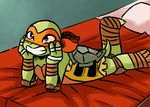  2017 anthro arm_support bandanna bed blue_eyes clothed clothing elbow_pads foot_wraps freckles hand_wraps hands_on_cheeks inkyfrog knee_pads leaning_on_elbow lying male mask michelangelo_(tmnt) on_bed on_front one_leg_up pillow raised_leg reptile scalie shell smile solo teenage_mutant_ninja_turtles turtle wraps wrist_wraps 