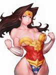  bare_shoulders black_hair blue_eyes breasts circlet cleavage dc_comics fumio_(rsqkr) hair_intakes large_breasts long_hair simple_background smile solo thick_thighs thighs white_background wide_hips wonder_woman wonder_woman_(series) 