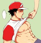  1boy baseball_cap bitaro black_hair blush green_background hands hat looking_at_another male_focus muscle nipples pectorals pokemon pokemon_(game) pokemon_sm raglan_sleeves red_(pokemon) shirt_lift simple_background solo_focus spoken_ellipsis 