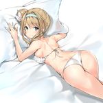  ass bikini blue_eyes breasts brown_hair girls_frontline hair_bun hairband looking_at_viewer looking_back lying medium_breasts on_stomach pillow pillow_hug side_bun sideboob silver_(chenwen) smile solo suomi_kp31_(girls_frontline) swimsuit 