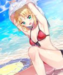 armpits bikini blonde_hair breasts dutch_angle fate/grand_order fate_(series) front-tie_top green_eyes highres long_hair looking_at_viewer mordred_(fate)_(all) mordred_(swimsuit_rider)_(fate) ponytail red_bikini side-tie_bikini sitting small_breasts solo swimsuit undressing water yuunagi_komo 