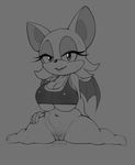  anthro bat big_breasts bottomless breasts cleavage clothed clothing eyelashes gray_impact greyscale half-closed_eyes hand_on_hip huge_breasts mammal monochrome nipple_bulge pubes pussy pussy_juice rouge_the_bat short_stack smile solo sonic_(series) sweat under_boob wings 
