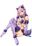  :3 :d animal_ears arm_support blue_eyes breasts cleavage cosplay covered_nipples dangerous_beast elbow_gloves eyebrows_visible_through_hair fang fate/grand_order fate_(series) full_body fur_trim ganari_ryuu gloves hair_over_one_eye headset highres lace lace-trimmed_gloves lace-trimmed_thighhighs large_breasts leaning_back long_hair mash_kyrielight mash_kyrielight_(cosplay) no_shoes o-ring o-ring_top open_mouth original paw_pose pink_hair purple_gloves purple_legwear simple_background smile solo super_tama_musume tail tamatoys thighhighs white_background 