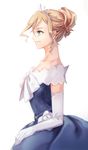  1girl alisha_diphda bare_shoulders blue_eyes breasts brown_hair dress earrings elbow_gloves gloves ponytail ribbon short_hair smile tales_of_(series) tales_of_zestiria tiara 