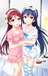  blue_hair blush brown_tss crossover dress long_haur love_live!_school_idol_project love_live!_sunshine!! maroon_hair sakurauchi_riko sonoda_umi 