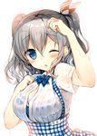  blue_eyes blush character_name chestnut_mouth hair_between_eyes kantai_collection kashima_(kantai_collection) koubeya_uniform name_tag one_eye_closed open_mouth short_hair short_sleeves silver_hair simple_background solo two_side_up uniform wet wet_clothes white_background yadapot 