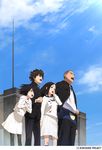  2girls absurdres black_eyes black_hair black_jacket black_legwear black_pants blue_shirt cloud cloudy_sky day floating_hair hair_between_eyes hand_in_hair hands_clasped highres jacket key_visual kokoro_ga_sakebitagatterunda. leaning_forward long_hair multiple_boys multiple_girls naruse_jun nitou_natsuki official_art open_mouth outdoors own_hands_together pants pantyhose pleated_skirt sakagami_takumi shirt short_hair skirt sky standing sunlight tasaki_daiki very_short_hair white_shirt white_skirt 