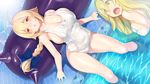  ahoge ass_visible_through_thighs bad_id bad_pixiv_id blazblue blonde_hair blue_bow blush bow braid breast_awe breast_envy breasts cleavage es_(xblaze) green_eyes hair_bow highres huge_breasts inflatable_raft long_hair multiple_girls name_tag noel_vermillion old_school_swimsuit one-piece_swimsuit orange_eyes po._(medamaoyazi) poolside school_swimsuit single_braid small_breasts soaking_feet surprised swimsuit water white_school_swimsuit white_swimsuit xblaze 