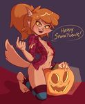  anthro barefoot blush bottomless breasts brown_fur canine claws clothed clothing convenient_censorship dabbledraws dialogue english_text female flannel food fruit fur ghoul_school hair hi_res jack-o&#039;-lantern kneeling leg_warmers legwear looking_at_viewer mammal open_shirt orange_hair ponytail pumpkin scooby-doo_(series) simple_background slit_pupils small_breasts smile solo speech_bubble striped_legwear stripes text toe_claws torn_clothing were werewolf winnie_werewolf yellow_eyes 