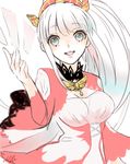  1girl blue_eyes blush breasts card crown dress lailah_(tales) long_hair open_mouth tales_of_(series) tales_of_zestiria white_hair wide_sleeves 