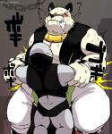  2018 anthro belly blush butt clothing crying duo giant_panda hisashino hug humanoid_hands japanese_text kaku_renbo male mammal overweight overweight_male pants simple_background tears text ursid vs_knight_ramune_&amp;_40_fire 
