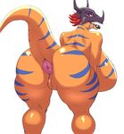  2017 absurd_res anthro anus big_breasts breasts butt digimon female greymon hi_res huge_breasts looking_back plankboy puffy_anus pussy side_boob simple_background solo thick_thighs white_background 