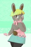  2019 animal_crossing badcactus blonde_hair blush bonbon_(animal_crossing) bow brown_eyes brown_fur clothing female fur hair halter_top jean_skirt jewelry lagomorph leggings legwear looking_back mammal nintendo open_mouth pink_fur pink_shirt rabbit simple_background skirt smile solo video_games yellow_nose 