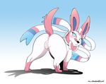  2017 absurd_res animal_genitalia animal_pussy anus blush butt canine_pussy eeveelution female feral gillpanda gradient_background hi_res licking licking_lips looking_at_viewer looking_back nintendo pok&eacute;mon presenting presenting_anus presenting_pussy pussy pussy_juice simple_background solo sylveon tongue tongue_out video_games 