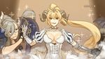  asymmetrical_hair bangs belial_(the_seven_deadly_sins) black_gloves blonde_hair breasts brown_eyes cleavage curled_horns demon_girl demon_horns end_card frown glasses gloves grey_hair hidari_(left_side) highres horns large_breasts long_hair looking_at_another looking_at_viewer lucifer_(the_seven_deadly_sins) multiple_girls non-web_source parted_lips partly_fingerless_gloves pauldrons pointy_ears ponytail puff_and_slash_sleeves puffy_short_sleeves puffy_sleeves red_eyes revealing_clothes semi-rimless_eyewear short_sleeves smile sparkle the_seven_deadly_sins tiara under-rim_eyewear upper_body very_long_hair white_gloves 