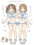  7010 :d ass_visible_through_thighs bikini black_hair blush bow breasts brown_eyes brown_hair character_age commentary flower hair_bow hair_flower hair_ornament holding_hands idolmaster idolmaster_cinderella_girls imai_kana interlocked_fingers large_breasts looking_at_viewer measurements midriff mimura_kanako multiple_girls navel open_mouth sailor_bikini sailor_collar sailor_swimsuit_(idolmaster) sandals short_hair simple_background small_breasts smile swimsuit thigh_gap translated twintails white_background white_bikini 