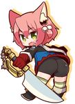  7th_dragon 7th_dragon_(series) animal_ears ass blush eyebrows_visible_through_hair fang fighter_(7th_dragon) full_body gloves green_eyes harukara_(7th_dragon) holding holding_sword holding_weapon looking_at_viewer naga_u pink_hair red_gloves short_hair smile solo sword weapon 