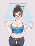  bad_deviantart_id bad_id black-framed_eyewear blue_shirt bracelet breasts brown_eyes brown_hair cleavage clenched_hand collarbone cowboy_shot glasses grey_background hair_bun hair_ornament hair_stick highres hungry_jamal index_finger_raised jewelry korean large_breasts looking_at_viewer mei_(overwatch) midriff navel open_mouth overwatch pointing pointing_up shirt short_hair simple_background sketch sleeveless smile snowflake_hair_ornament snowflake_print solo tank_top thigh_gap translated 