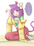  animal_ears blush cat_ears cat_tail dadamori embarrassed floral_print flower hair_flower hair_ornament hieda_no_akyuu indoors japanese_clothes kemonomimi_mode kimono looking_at_viewer nyan open_mouth paw_pose purple_eyes purple_hair shadow short_hair simple_background sitting solo speech_bubble tail tatami touhou translated wariza white_background 