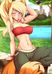  2017 abs animal_humanoid athletic blonde_hair blue_eyes blush breasts bubble_gum canine cleavage clothed clothing detailed_background digital_media_(artwork) dipstick_tail eyelashes female fox fox_humanoid freckles hair humanoid inner_ear_fluff mammal midriff multicolored_tail navel one_eye_closed pants rainbowscreen solo wink wristband yukira 