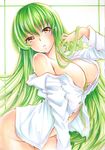  adjusting_hair arched_back bangs between_breasts blush bottomless breasts buttons c.c. code_geass dress_shirt green_hair hair_between_breasts hair_between_eyes hand_in_hair highres large_breasts long_hair long_sleeves looking_at_viewer mimi_(mini1474) naked_shirt off_shoulder partially_unbuttoned shirt single_bare_shoulder solo straight_hair unbuttoned unbuttoned_shirt very_long_hair white_shirt yellow_eyes 