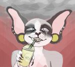  2017 5_fingers ambiguous_gender anthro beverage black_nose bust_portrait cat claws clothed clothing cloud coffee cornish_rex crying digital_media_(artwork) digital_painting_(artwork) drinking ear_piercing fangs feline food front_view fur gauged_ear grey_fur hairless holding_food holding_object looking_at_viewer mammal meowipede multicolored_fur nipples nude pawpads piercing pink_pawpads portrait raining red_background simple_background slit_pupils smile solo standing storm storm_clouds straw tears topless two_tone_fur white_fur 