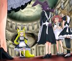  :o absurdres animal_ears apron aqua_eyes blush brown_fur brown_hair bunny_ears bunny_girl bunny_tail cat_ears cat_girl cat_tail child commentary_request dog_ears dog_girl doitsuken fang fox_ears fox_girl fox_tail from_below high_heels highres long_hair maid maid_apron mansion multiple_girls open_mouth original pointing purple_fur purple_hair red_eyes red_hair short_hair smile stairs tail thighhighs v-shaped_eyebrows wavy_mouth 