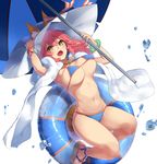  :d absurdres animal_ears arm_up armpits bare_legs beach_umbrella bikini blue_bikini bracelet breasts brown_eyes ears_through_headwear enosan eyebrows_visible_through_hair fang fate/grand_order fate_(series) fox_ears fox_tail hair_between_eyes hand_on_headwear hat hat_ribbon highres innertube jewelry large_breasts long_hair looking_at_viewer navel open_mouth pink_hair ribbon sandals simple_background smile solo sparkle sun_hat swimsuit tail tamamo_(fate)_(all) tamamo_no_mae_(fate) tamamo_no_mae_(swimsuit_lancer)_(fate) umbrella unaligned_breasts water_drop white_background white_hat 