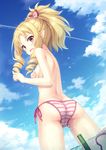 ass back bikini bikini_top_removed blonde_hair blue_sky blush bow breasts brown_eyes cloud covering covering_breasts day drill_hair eromanga_sensei from_behind hair_bow highres long_hair looking_at_viewer looking_back md5_mismatch outdoors pointy_ears revision side-tie_bikini sky small_breasts solo standing striped striped_bikini swimsuit tomifumi topless wading water wet yamada_elf 
