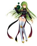  absurdres bad_id bad_pixiv_id bangs bare_shoulders belt boots breasts breasts_apart c.c. code_geass covered_navel detached_sleeves eyebrows_visible_through_hair from_above full_body green_hair hair_spread_out halterneck hand_up head_tilt highres holding holding_hair legs_together leotard leotard_under_clothes long_hair long_sleeves looking_at_viewer lying medium_breasts on_back parted_lips purple_belt sidelocks simple_background straight_hair thigh_boots thigh_gap thighhighs turtleneck very_long_hair white_background white_footwear white_legwear white_leotard yellow_eyes yuitanpo 