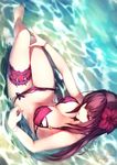  artist_name barefoot bikini breasts cleavage collarbone crossed_legs day fate/grand_order fate_(series) flower from_above full_body hair_flower hair_ornament hibiscus kyouya_(mukuro238) large_breasts long_hair navel ocean outdoors partially_submerged purple_bikini purple_eyes purple_hair scathach_(fate)_(all) scathach_(swimsuit_assassin)_(fate) signature sitting solo swimsuit thigh_strap upside-down water 