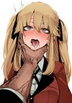  1girl asphyxiation bad_id bad_pixiv_id black_ribbon blonde_hair breasts brown_eyes drooling empty_eyes hair_ribbon j.k. kakegurui large_breasts open_mouth ribbon ryona saliva saotome_meari simple_background solo_focus strangling tongue tongue_out twintails upper_body white_background 