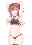  1girl ;d armpits arms_up black_panties bra breasts brown_eyes brown_hair cowboy_shot fang groin hair_between_eyes hair_ornament hairclip hands highres ikazuchi_(kantai_collection) kantai_collection kitajima_yuuki navel one_eye_closed open_mouth panties short_hair simple_background small_breasts smile solo stomach tears tickling training_bra underwear underwear_only white_background 