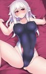 altair_floone bed black_swimsuit blush borrowed_character breasts commentary_request competition_swimsuit covered_nipples highleg highleg_swimsuit highres kutan long_hair looking_at_viewer lying one-piece_swimsuit original pillow red_eyes silver_hair solo spread_legs swimsuit 