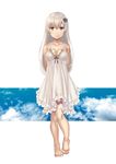  barefoot breasts cleavage cloud cloudy_sky collarbone feet flower full_body green_eyes hair_flower hair_ornament highres long_hair medium_breasts nightgown original sky smile solo toes tsukimizu_(ordeal) white_background white_hair 