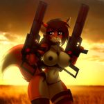  anthro big_breasts breasts canine chococosalo clothed clothing female fox gun mammal nipples outside ranged_weapon rifle skimpy smile solo standing thick_thighs underwear weapon 