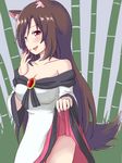  animal_ears bamboo bare_shoulders blue_background breasts brooch brown_hair claws cleavage collarbone dadamori dress hand_on_own_face imaizumi_kagerou jewelry layered_dress lifted_by_self long_hair looking_at_viewer medium_breasts open_mouth outdoors red_eyes sideways_glance skirt skirt_lift solo strapless strapless_dress tail touhou very_long_hair wolf_ears wolf_tail 