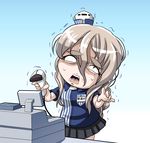  barcode_scanner cash_register cashier chibi commentary curly_hair employee_uniform gradient gradient_background hair_ornament hat holding kantai_collection lawson long_hair looking_at_viewer mini_hat name_tag pleated_skirt pola_(kantai_collection) shirt silver_hair simple_background skirt solo striped striped_shirt sweat tk8d32 translated trembling uniform vertical-striped_shirt vertical_stripes 